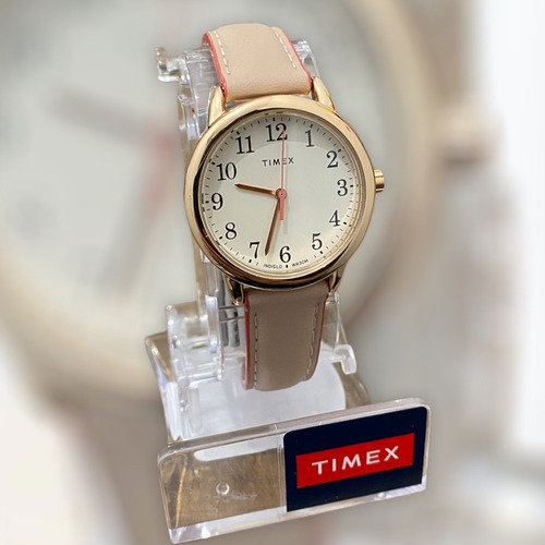 Reloj Mujer Timex Correa De Piel Con Luz 30 Mm Tw2r628009j Correa Rosa Bisel Rosa dorado Fondo Blanco