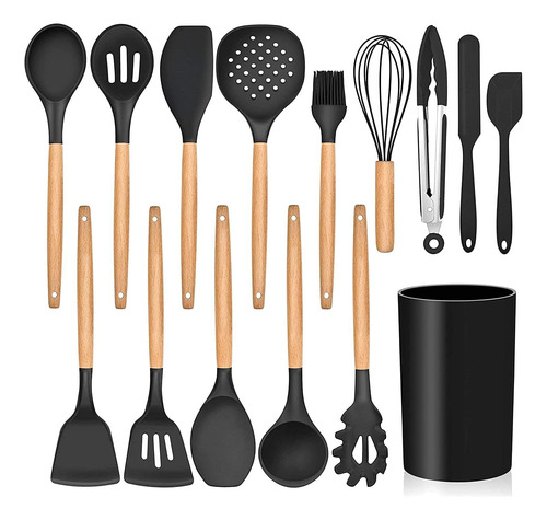 Juego 15 Utensilios Silicona Con Soporte Y Mango Madera