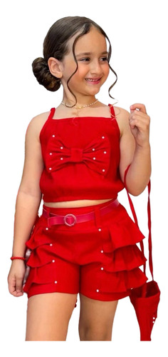 Conjunto Mini Diva Short Cropped Com Bolsinha Blogueirinha Vermelho M- 4 A 5 Anos
