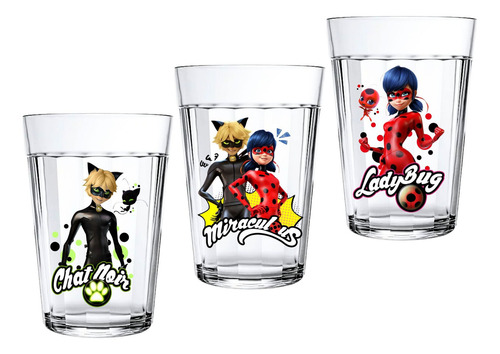 Kit 3 Copos Personalizados Lady Bug & Cat Noir 190ml Cor Transparente/miraculous