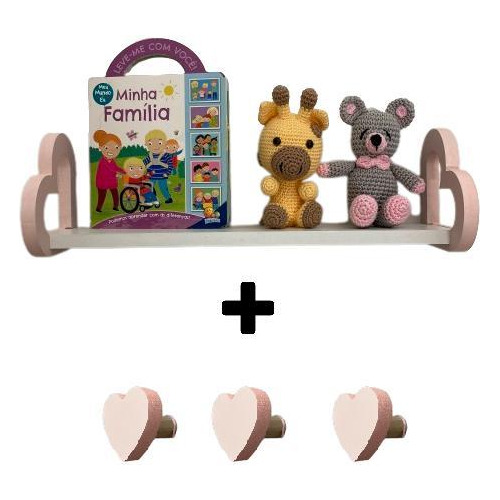 Prateleira Coração + Gancho Parede Infantil 60cm - Rosa