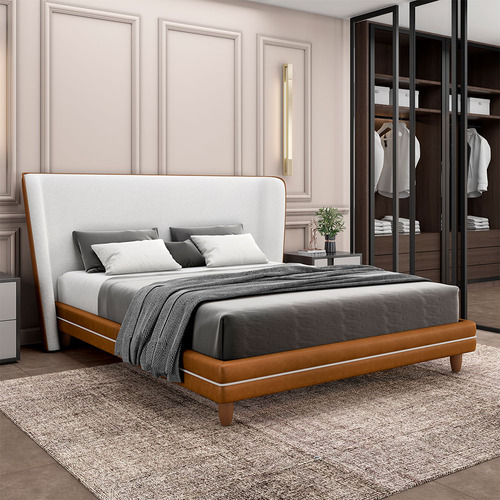Cama Com Cabeceira Casal Pés Madeira Pu/bouclê Caramelo/offw