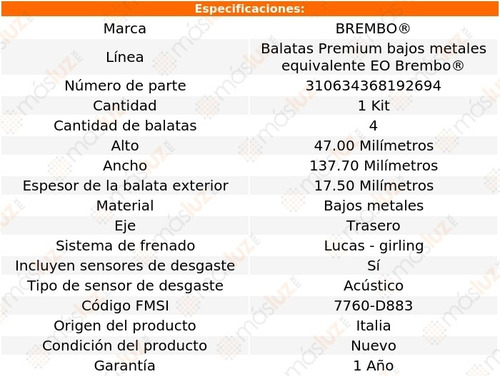 Balatas Bajos Metales Tra Gmc Envoy 02/07 Brembo