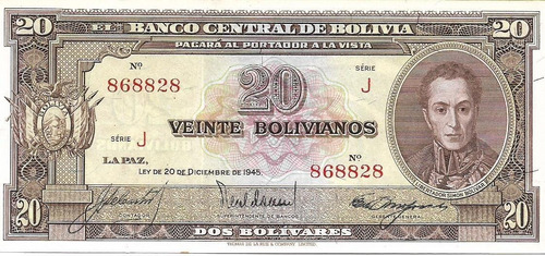 Bolivia. 20 Bolivianos. 1945. Pick 140. Unc S/c