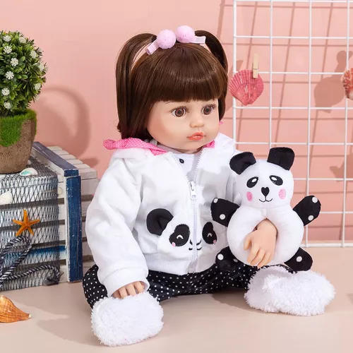 Brastoy Boneca Bebê Reborn Silicone Menina Panda Olhos Castanhos