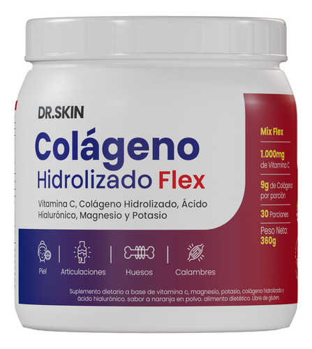 Colágeno Hidrolizado Flex Dr Skin 360g 30 Porciones Cuidá Tus Articulaciones, Fortalecé Tus Huesos Y Prevení Calambres! Magnesio Potasio Vitamina C Ácido Hialurónico Suplemento Articular
