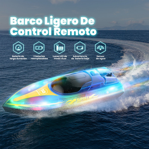 Barco Mando A Distancia Con Luz Led Azul 3 Baterías 15km/h