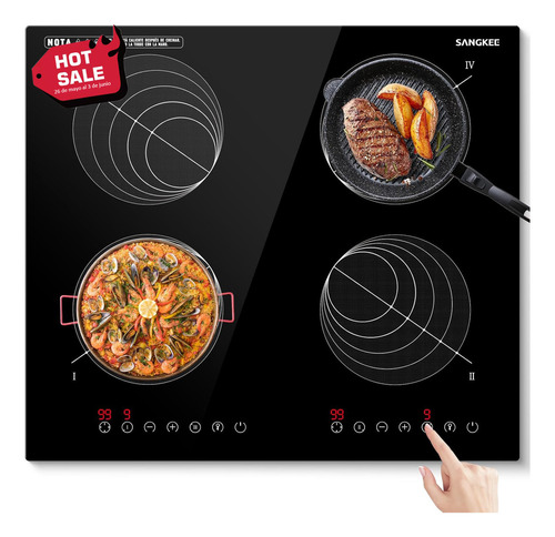 SANGKEE Parrilla De Induccion Electrica De 4 Zonas Con Dos Enchufes, Estufa Táctil Con Digital Sensor 3600w, Control Independiente, Ahorro De Energia, Bloqueo De Seguridad Para Niños, 127V