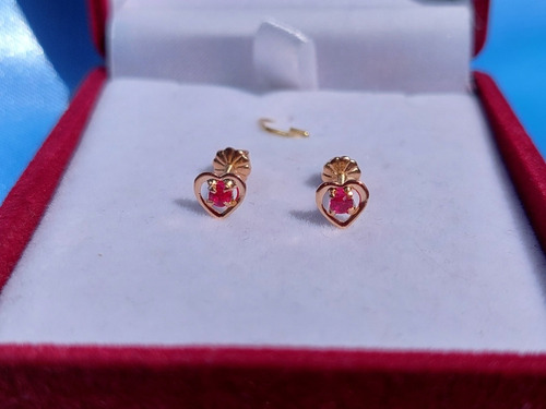 Aros Corazón Con Ruby Oro 18 Kilates Nacional 