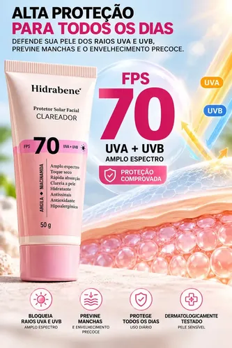 Hidrabene Protetor facial Solar FPS 70 Toque Seco Antissinais Clareia a pele 50g: imagem 4