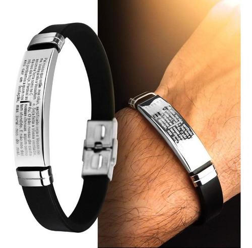 Pulseira Masculino Aço Inox Prata Pingente Pai Nosso