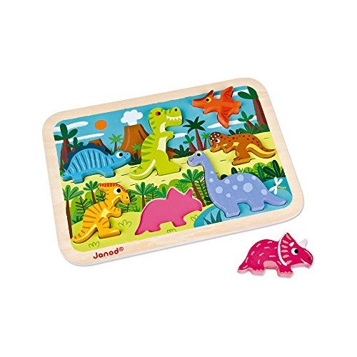 Janod Chunky Puzzle - Colorido De 7 Piezas De Madera Dinosau