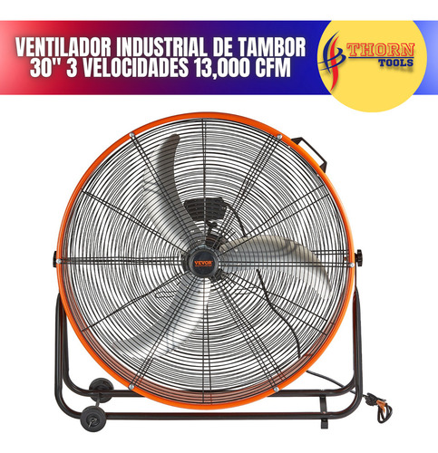 Ventilador Industrial De Tambor 30 3 Velocidades 13,000 Cfm Estructura Naranja Aspas Plateado Diámetro 76 cm Frecuencia 50Hz/60Hz Material de las aspas Acero