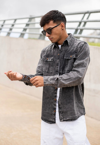 Camisa Jean Clasica Hombre Rígida Manga Larga