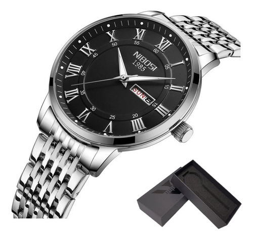 Reloj Luminoso Nibosi Con Doble Calendario Y Números Romanos Color Del Bisel Silver Black