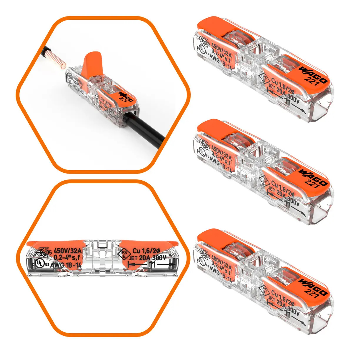Ficha Elétrica Fêmea Automática Wago 221-2411 32 A Por Kit De 3 Unidades