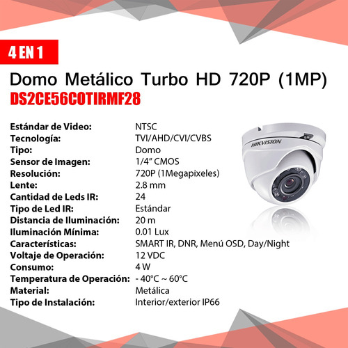 Cámara Turbohd 4en1 Domo Metálica 1mp Ds2ce56c0tirmf28
