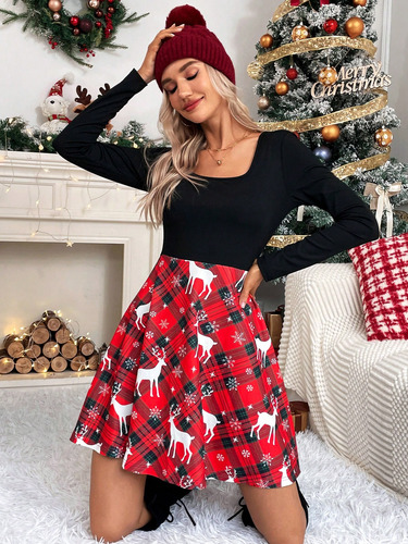 Vestido Con Estampado De Navidad De Cuello Scoop
