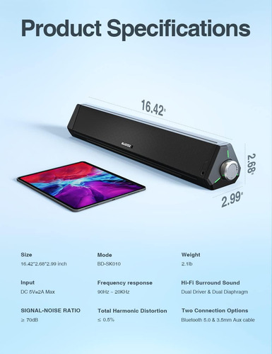 Barra Sonido Bluetooth Hifi Estéreo 3.5mm Aux