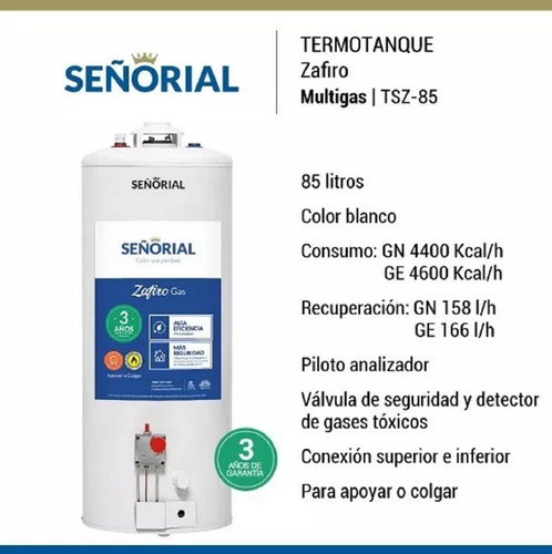 Imagen 2 de 10 de Termotanque Señorial Zafiro 85 Litros Multigas Natural