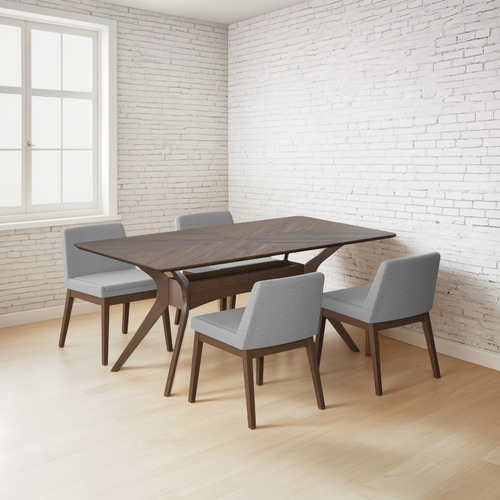 Juego De Comedor Lisboa De Madera Con 4 Sillas Tapizadas Diseño de la tela de las sillas Gris Claro - Nogal