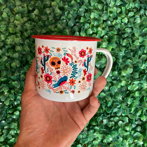 Imagen 3 de 4 de Taza Peltre Calavera Nopal Diseño Mexicano