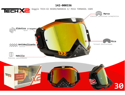 Goggle Techx2 Motociclista Negro/naranja Mica Tornasol Cross