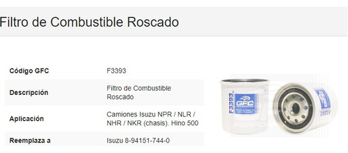 Filtro De Combustible F3393 / Npr / Nkr / Nhr / Dmax