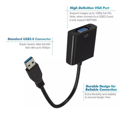 Adaptador Convertidor Usb 3.0 A Vga Para Laptop Y Computador Color Negro