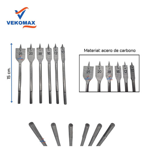 Set Mecha Pala Para Madera 6 Piezas + Mechas X 13 Piezas Kit