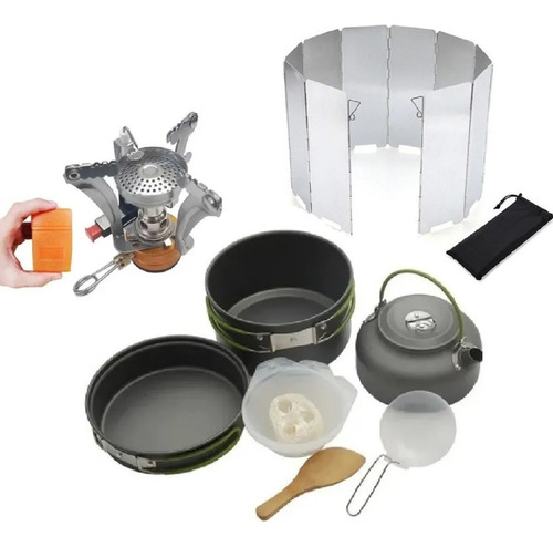 Pack Set Ollas Camping + Set Cocinilla Gas Camping Portatil 