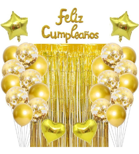 Kit Decoración Globos Feliz Cumpleaños Dorado Con Cortina