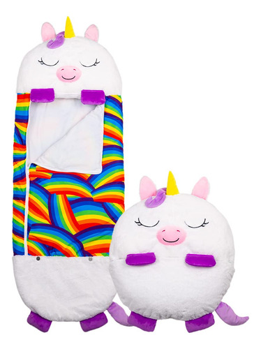 Happy Nappers Pillow & Sleepy Sack- Cómodo, Acogedor, Compacto, Súper Suave, Cálido, Para Todas Las Estaciones, Saco De Dormir Con Almohada, Tamaño Mediano (1.38 Metros), Unicornio Blanco