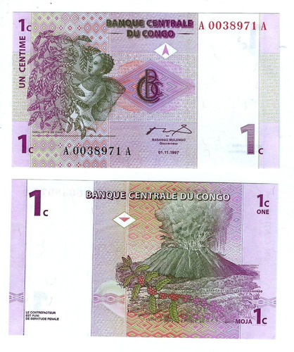 Congo Democrático - Billete 1 Centime 1997 - Unc