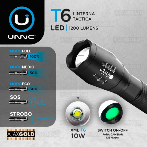 Linterna Led Tactica Bateria Recargable T6 12000 Lumens + Pilas + Funda