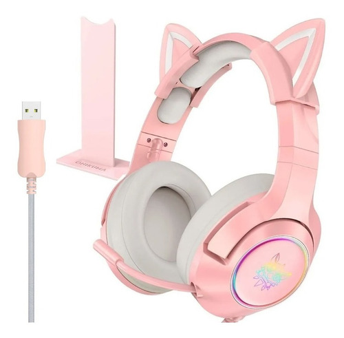 Imagen 2 de 6 de Onikuma Gato K9 7.1 + Base Audifonos Usb Gamer Rgb Rosa Pink