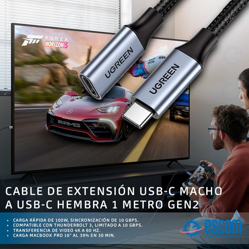 Cable De Extensión Usb-c Macho A Usb-c Hembra 1 Metro Gen2