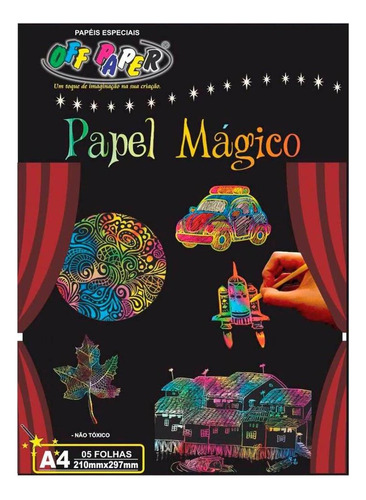 Papel Magico A4 Multicolor Para Desenhar Off Paper 5 Folhas Cor Preto