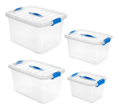 Kit 4 Cajas Organizadoras Plásticas Transparentes Con Tapa Color Azul Liso