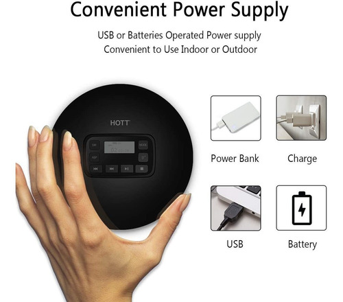 Reproductor De Cd Portatil Hott | Compacto Personal | Negro