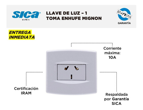 Imagen 2 de 6 de Llave De Luz Sica - 1 Toma Enchufe Argentino Mignon - Blanca
