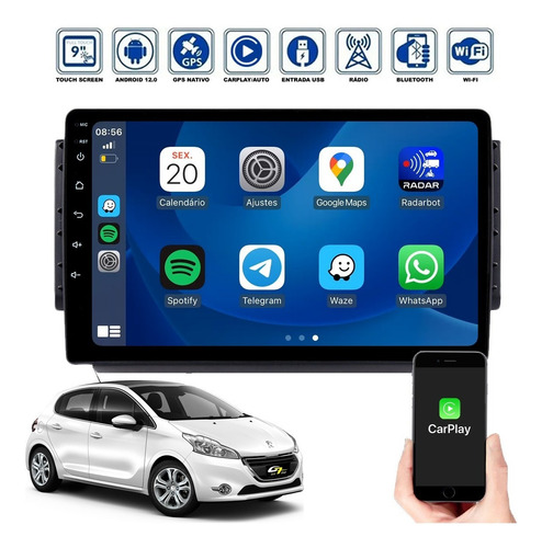 Central Multimídia Peugeot 208 2014 2018 Carplay Gps Wifi Bt