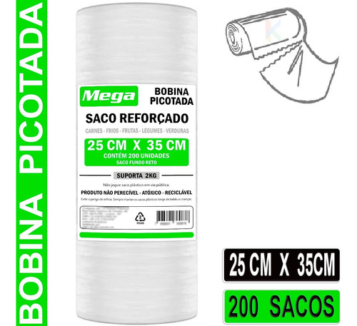 Bobina Picotada 25x35 C/ 200 - Saco Plastico Reforçado