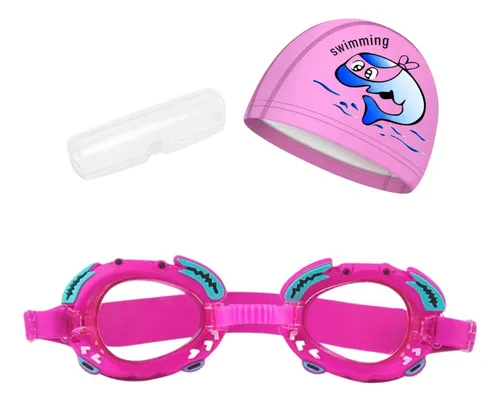 Kit Touca Óculos Natação Piscina Infantil Crianças Desenhos Cor Pink Golfinho 1