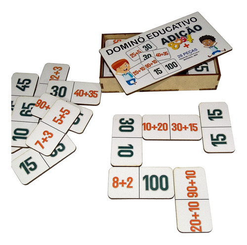 Dominó Jogo Educativo Pedagógico Matemático Adição 28pcs Mdf