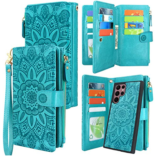 Funda Cartera Para Galaxy S22 Ultra 2022 Azul Verde Leath-02