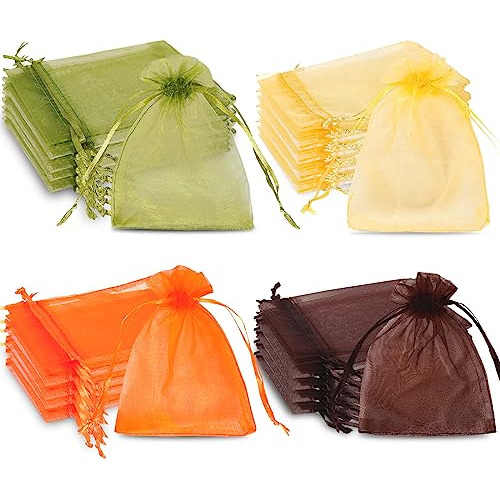 120 Pcs Fall Organza Bags Drawstring Orange Yellow Gree...