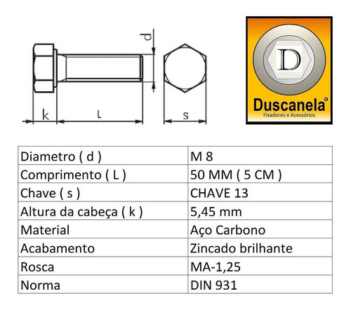 Parafuso Sextavado Rosca Inteira M 8 X 50 - 100 Pçs