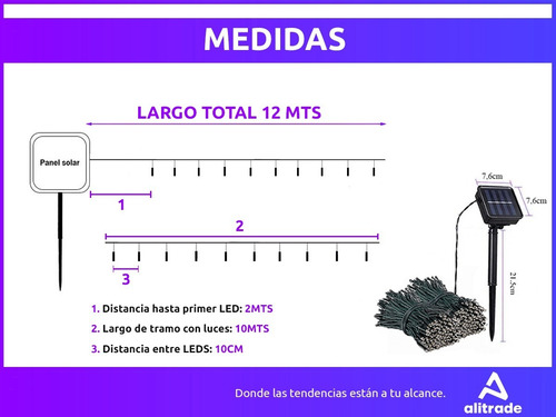 Imagen 5 de 10 de Luces Navidad Exterior Solares Guirnalda Led 100 Luces 12mts