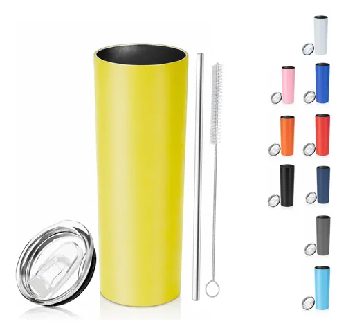 Termo 20 Oz Skinny Vaso Térmico Tapa Antiderrame Con Popotes